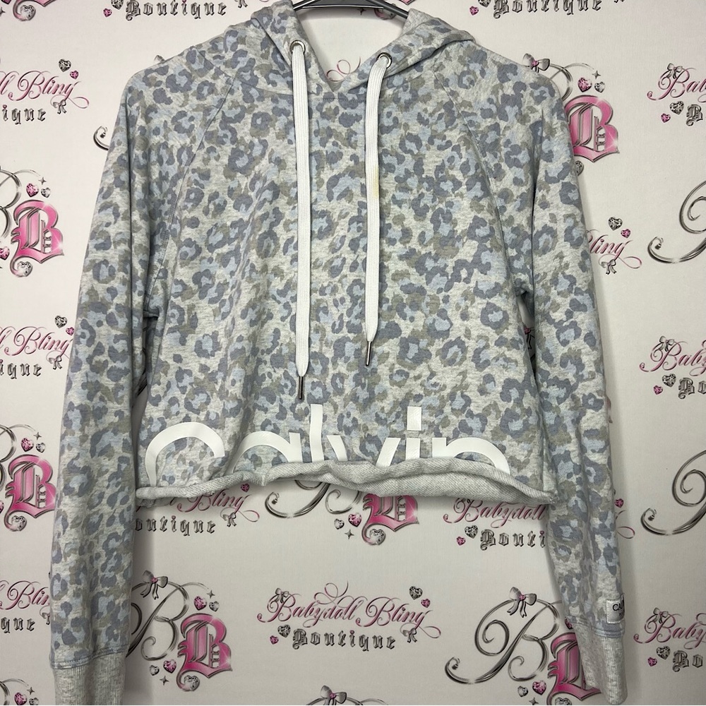 Calvin Klein performance cropped cheetah print blue grey white sweater hoodie